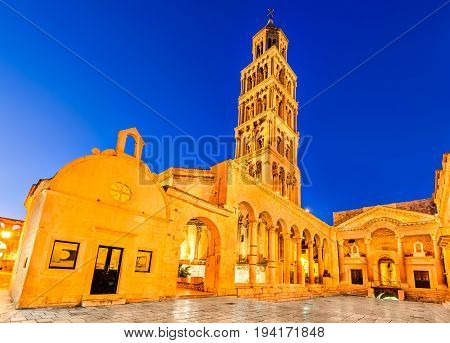 Split Croatia. Cathedral of Saint Domnius bell tower and the ancient peristyle at night.