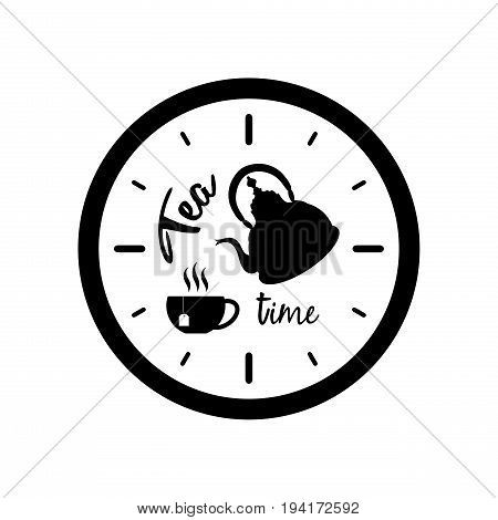 Clock silhouette with tea pot cup and text Tea Time isolated on white background