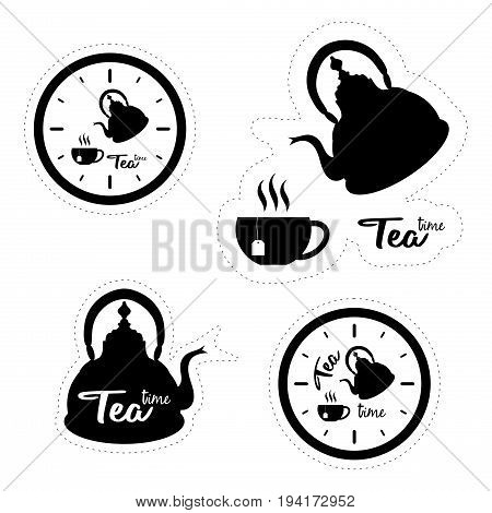 Set of four labels with silhouettes of clocks tea pots and cups isolated on white background