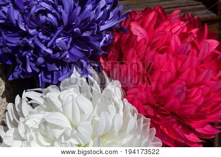 Red, blue and white plastic flowers (Callistephus chinensis).