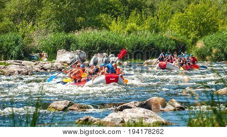 Village Mihia Mykolayiv region Ukraine - July 2 2017: Rafting and kayaking. A popular place for extreme family and corporate recreation as well as training for athletes.