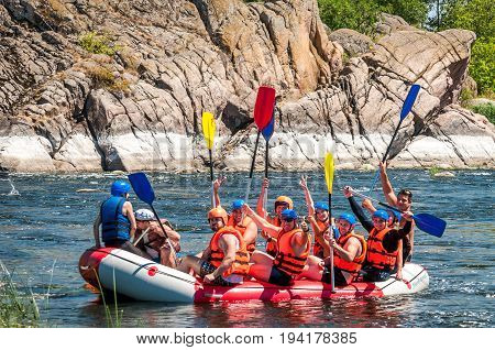 Village Mihia Mykolayiv region Ukraine - July 2 2017: Rafting and kayaking. A popular place for extreme family and corporate recreation as well as training for athletes.
