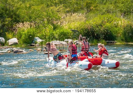 Village Mihia Mykolayiv region Ukraine - July 2 2017: Rafting and kayaking. A popular place for extreme family and corporate recreation as well as training for athletes.