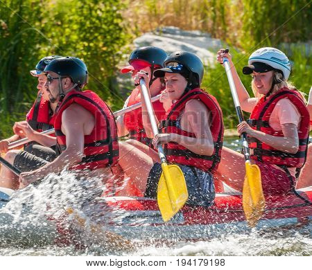Village Mihia Mykolayiv region Ukraine - July 2 2017: Rafting and kayaking. A popular place for extreme family and corporate recreation as well as training for athletes.