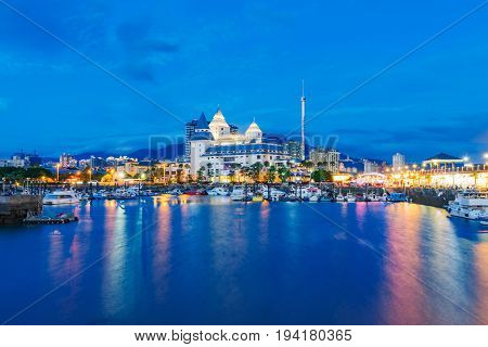 TAIPEI TAIWAN - MAY 29: This is a night view of Fisherman's wharf and Fullon hotel which is a popular hotel in the Tamsui area on May 29 2017 in Taipei