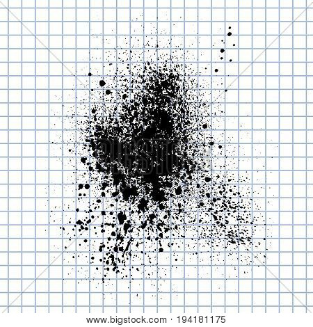 Vector ink stains on the checkered paper. Blue ink spot splash, vector stains background.