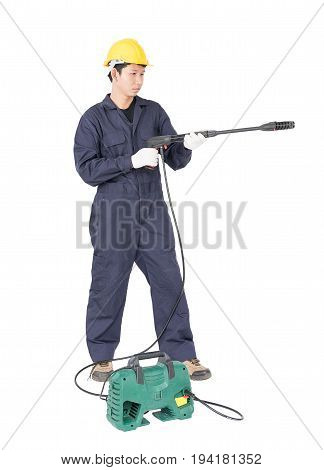 Young Man Stand And Holding High Pressure Water Gun