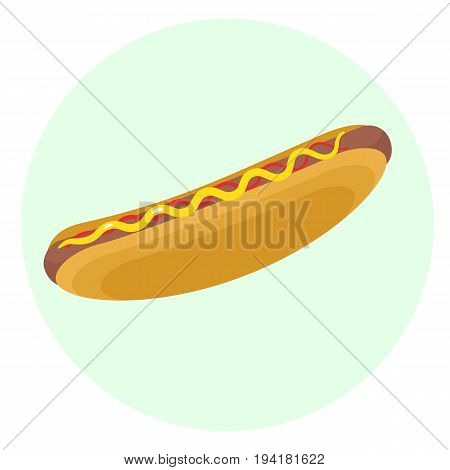 Flat vector delicious hotdog with grilled sausage ketchup and mustard icon. Tasty cartoon colorful fastfood symbol