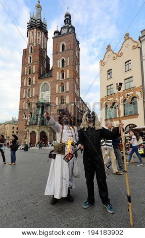 CRACOW POLAND - JULY 5 2017: 30th Street - International Festival of Street Theaters in Cracow Poland. An Odyssey Towards New Shores - a street parade