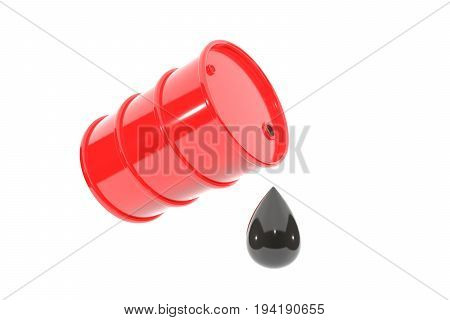 3d illustration: red metal barrel of gasoline tipped with a huge drop of oil drips down. Isolated on white background with empty space for text.