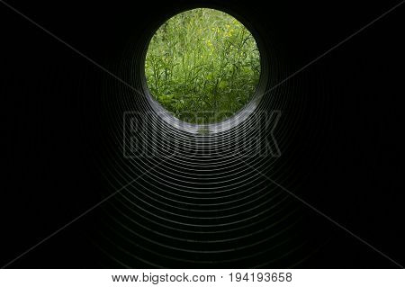 Tunnel Pipe  - Exit To Nature. Concept Of Psichology, Phylosophy Or Ecology Theme.