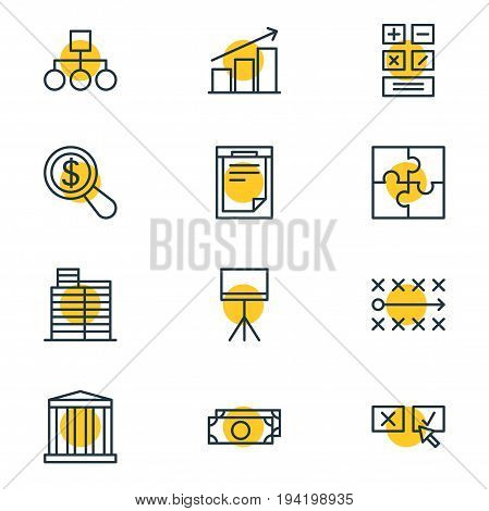 Vector Illustration Of 12 Trade Icons. Editable Pack Of Columns, Recision, Tactics And Other Elements.