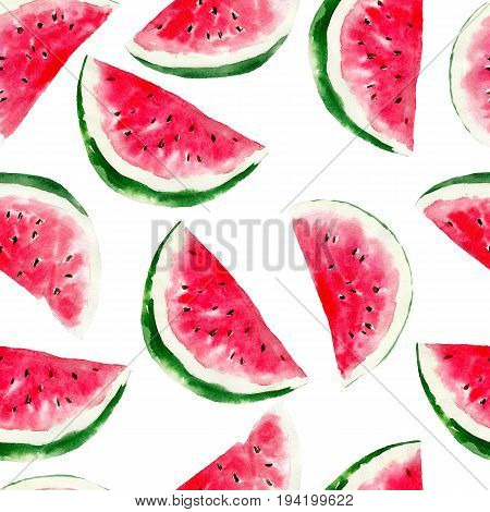 Watermelon watercolor seamless pattern. Bright tropical fruit isolated on white background hand-drawn design for background  textile wrap and etc.