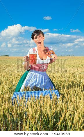 Oktoberfest kvindelige servitrice stående i majsmarken meadow holding øl iført traditionel dirndl
