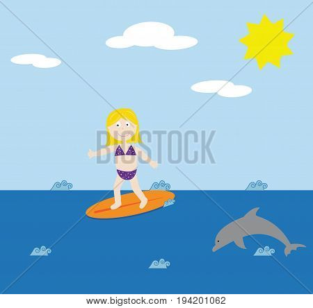 Surfing Bathingsuit Swimsuit Bikini Girl and Dolphin