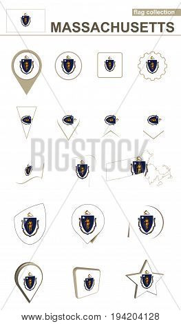 Massachusetts Flag Collection. Big Set For Design.