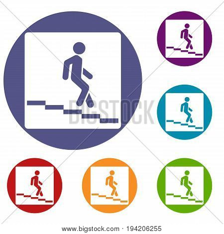 Underpass road sign icons set in flat circle reb, blue and green color for web