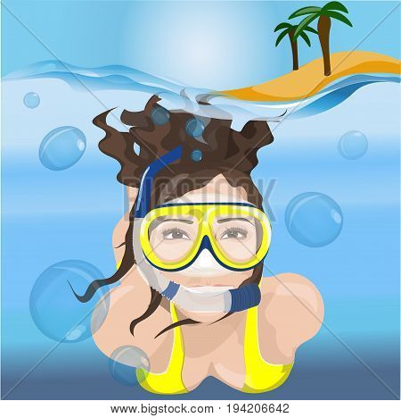 Vector image girl swims in a mask in blue water