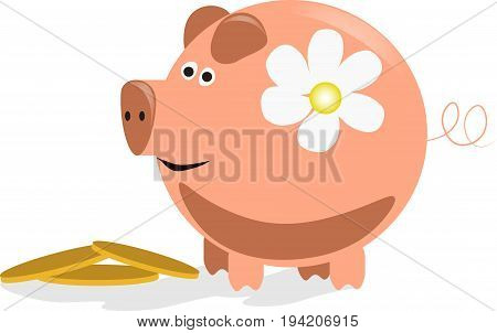 Vector image pink pig with coins on white background. Financial icon