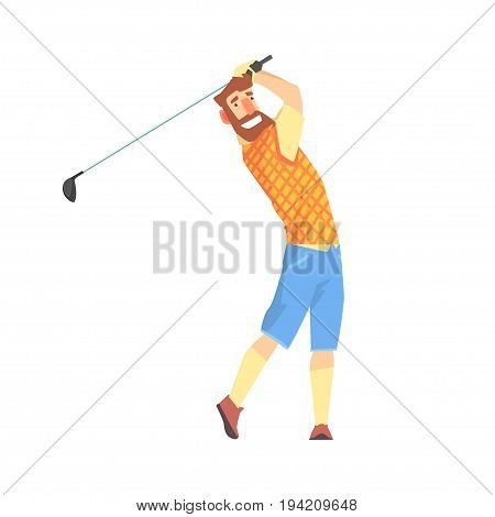 Smiling bearded cartoon golf palyer character taking a swing vector Illustration isolated on a white background