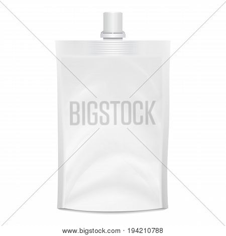 Blank Doypack Vector. Realistic White Doy-pack Food Or Drink Flexible Pouch Bag Packaging With Corner Spout Lid. Mock Up Template For Product Packing Design. Isolated