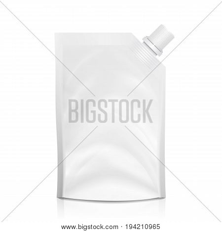 Doy-pack Blank Vector. White Clean Doypack Bag Packaging With Corner Spout Lid. Plastic Spouted Pouch