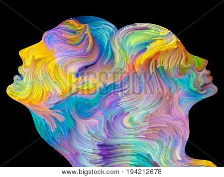 Composition of colorful and surreal human profiles on the subject of love passion romantic attraction and unity