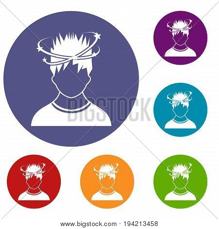 Man with dizziness icons set in flat circle reb, blue and green color for web