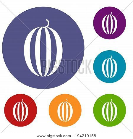 Striped melon icons set in flat circle reb, blue and green color for web