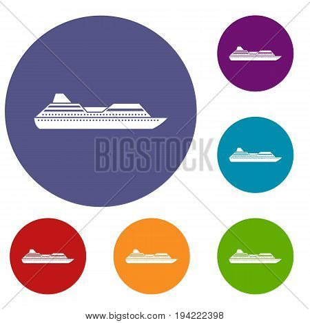 Cruise liner icons set in flat circle reb, blue and green color for web