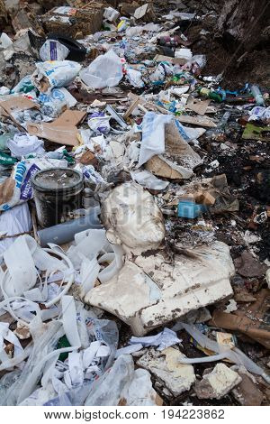 KYIV UKRAINE - FEBRUARY 28 2016: Decommunization in Ukraine. Damaged bust of Lenin in the garbage dump.