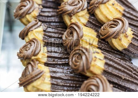 Delicious chocolate filled churros in a churreria in Spain