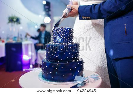 Bride and groom cut blue wedding cake. dessert for wedding party. with blueberries, biscuits, blue chocolate glaze. cake on stand, selective focus. the concept of space. Beads like stars on dark blue