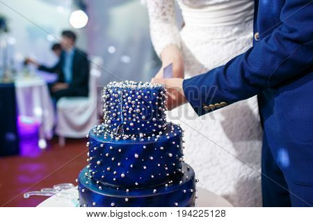 Bride and groom cut blue wedding cake. dessert for wedding party. with blueberries, biscuits, blue chocolate glaze. cake on stand, selective focus. the concept of space. Beads like stars on dark blue
