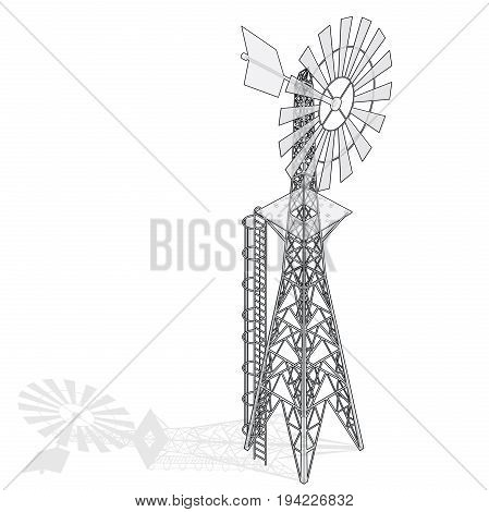 Wind pump for pumping of water on farm. Outlined home wind power plant for power generation. Technical industrial agriculture building with metal construction. Wire vector windmill illustration.