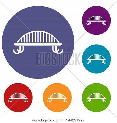 Bench with backrest icons set in flat circle reb, blue and green color for web