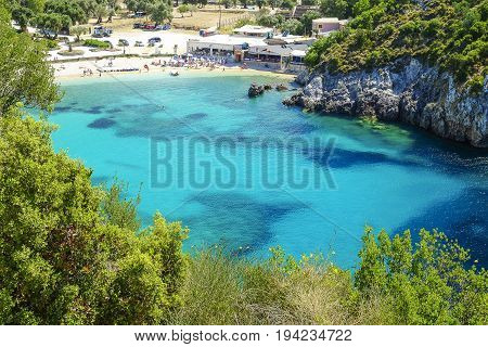 Aerial view on the bay and beach Paleokastritsa with crystal sea water on the Island Corfu Greece.