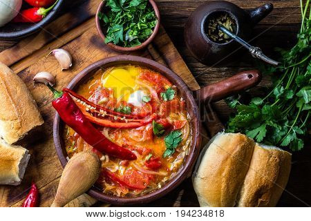 Chilean Food. Picante Caliente. Tomatoes, Onion, Chili Fried With Eggs
