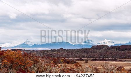 Autumn in Patagonia. Cordillera Darwin part of Andes range Isla Grande de Tierra del Fuego Chilean territory view from the Argentina side