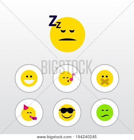 Flat Icon Expression Set Of Asleep, Descant, Party Time Emoticon And Other Vector Objects. Also Includes Hush, Emoji, Silent Elements.