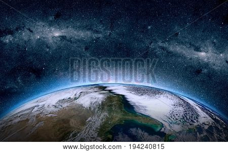Earth in the space. Stars on the background. Place for text and infographics. Elements of this image furnished by NASA. Astronomy and science concept
