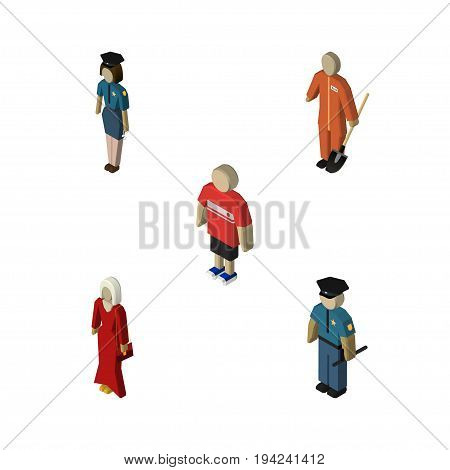 Isometric Human Set Of Cleaner, Female, Policewoman And Other Vector Objects. Also Includes Policewoman, Builder, Man Elements.