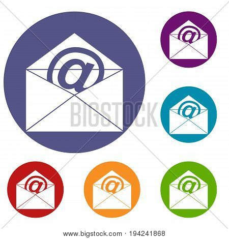 Envelope with email sign icons set in flat circle reb, blue and green color for web