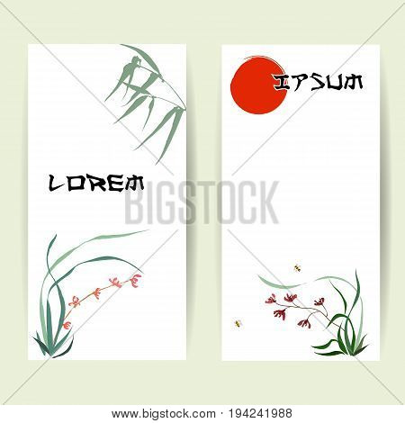 Two templates of vertical banners. Backgrounds of wild orchid, branches and bamboo leaves, red sun, flying bumblebee. Traditional Chinese painting, Japanese art sumi-e, vector stylization