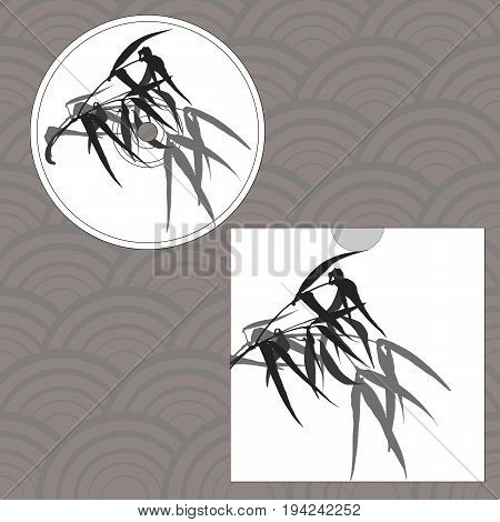 CD cover design. Hand-drawing illustration. Branches and bamboo leaves. traditional Chinese painting, Japanese art sumi-e, vector