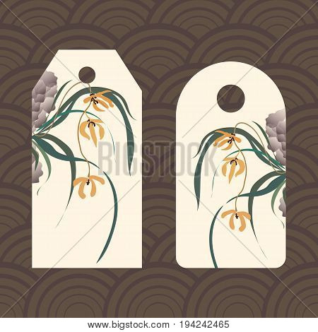 Label, badge, price tag. Wild orchid growing on stones. Traditional Chinese painting, Japanese art sumi-e, vector stylization