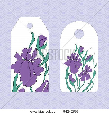 Label, badge, price tag. Vectorized irises, hand-drawing illustration. Stylized traditional Chinese painting, Japanese art sumi-e