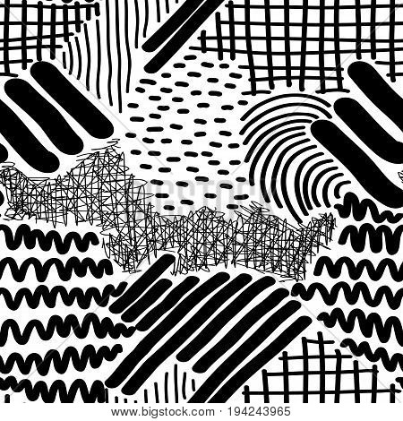Complex Hand Drawn Stripes and Dots Seamless Pattern. Black on white reapiting graphic. Hand drawn elements.