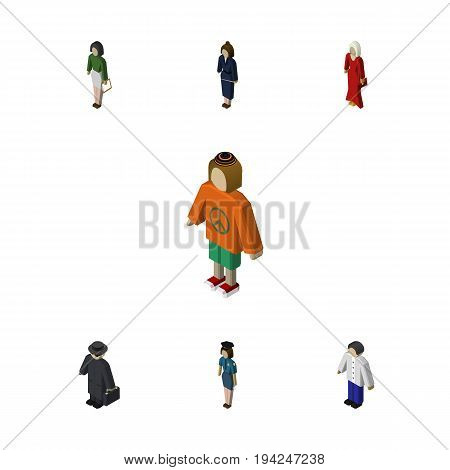 Isometric Person Set Of Policewoman, Businesswoman, Male And Other Vector Objects. Also Includes Officer, Man, Businesswoman Elements.