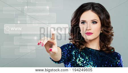Internet Surfing and www Concept with Pointing Female Hand. Beautiful Woman with Virtual Display with Search Icon